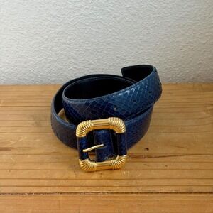 Vintage Navy Blue Snakeskin Belt, Genuine Exotic Leather, 80s Gold Chunky Buckle